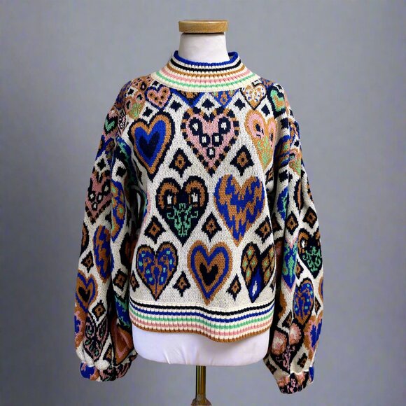 Farm Rio multi-color Hearts Ikat sweater, size M, NEW WITH TAGS! - Picture 1 of 3
